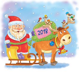 Fototapeta premium New Year 2018. Christmas. A cute Santa on the sledge and a reindeer. Funny cartoon characters
