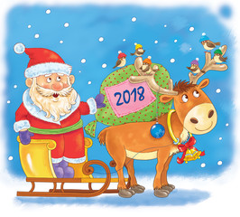 New Year 2018. Christmas. A cute Santa on the sledge and a reindeer. Funny cartoon characters