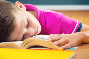 Tired schoolboy sleeping on book