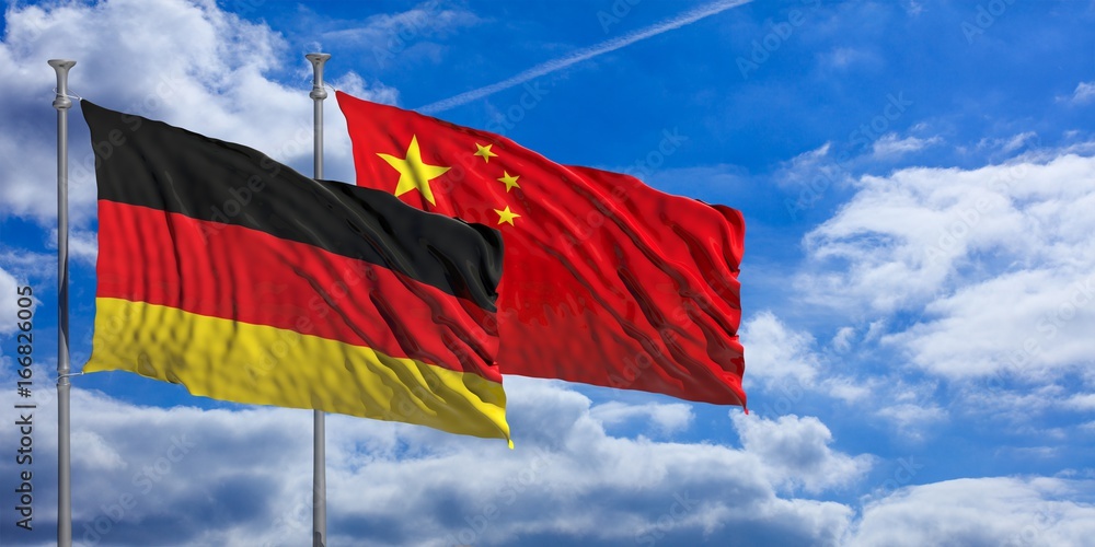 Poster china and germany waving flags on blue sky. 3d illustration