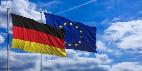 Germany and EU waving flags on blue sky. 3d illustration