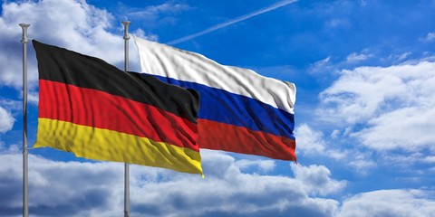 Russia and  Germany waving flags on blue sky. 3d illustration