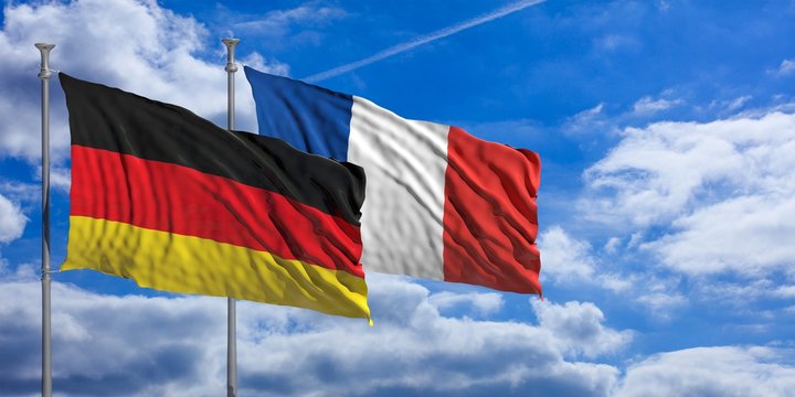 France and  Germany waving flags on blue sky. 3d illustration