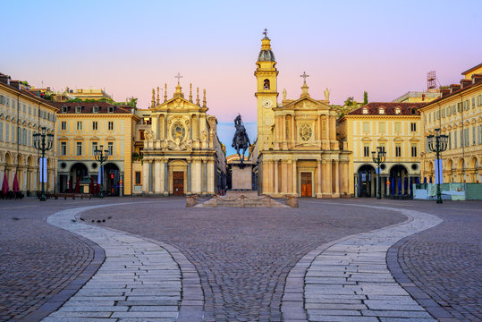 Fototapeta Piazza San Carlo and twin churches in the city center of Turin, Italy