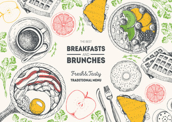 Naklejki  Ramka widokowa z góry na brunch i śniadanie. Wygląd menu żywności. Vintage ręcznie rysowane szkic ilustracji wektorowych