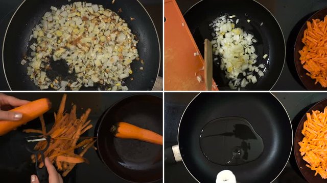 Short clips, split screen collage, the process of preparing ingredients for soup. Carrot cleaning, frying onions, frying pan in oil.