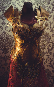 Costume Armor of woman Strong metal breastplate handmade in gold with gothic shapes and fine steel strands