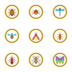 Insect icons set, cartoon style