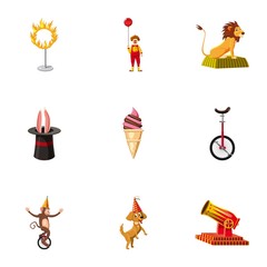 Circus icons set, cartoon style