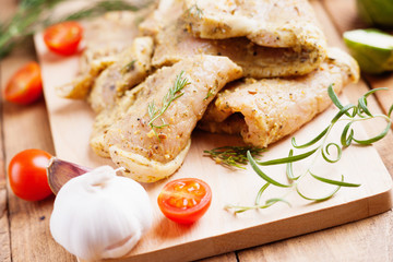 Raw marinated pork meat and vegetables 