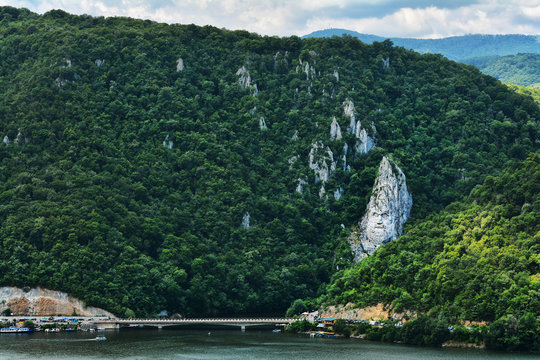 Spectacular Danube Gorges, also known as The Danube Boilers ,passing through the Carpathian Mountains, between Serbia and Romania. Decebal's Head sculpted in rock.