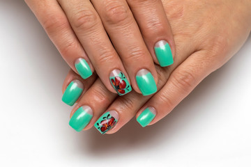 Mint, lime, green moon manicure with red painted poppies on long square nails 
