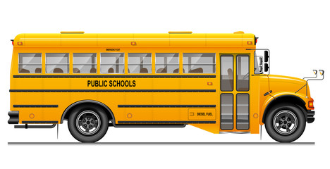 Yellow classic school bus. Side view. American education. Three-dimensional image with carefully traced details. - 166830033