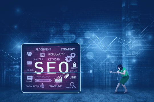 Young businesswoman pulling SEO design