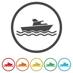 Fishing boat in the sea icons set