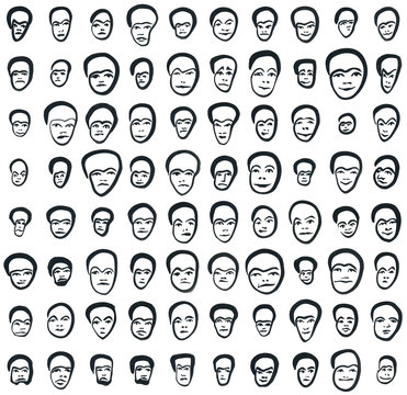 Set of eighty small black faces painted with brush. Minimalism of the strokes makes the front view pictures look like emoticon icons.