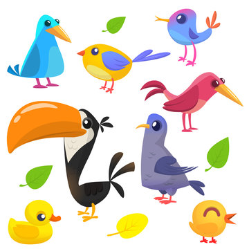 Cute cartoon birds collection. Cartoon set of colorful birds. Vector illustration