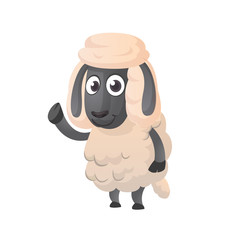 Funny cartoon sheep icon. Vector illustration of a fluffy sheep character mascot waving hand. Great for print, sticker or book illustration