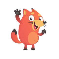 Obraz na płótnie Canvas Cute funny fox mascot waving hand and get excited. Vector illustration isolated. Cartoon character for children books.