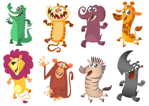 Cartoon tropical  animal set.  Set of cartoon animals vector illustration. Crocodile alligator, tiger, elephant, giraffe, lion, monkey chimpanzee, zebra and rhino