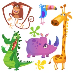 Foto op Plexiglas Cartoon Afrikaanse savanne dieren set. Grote verzameling cartoon jungle dieren. Vector illustratie. Krokodil alligator, giraf, aap chimpansee, toekan en neushoorn © drawkman