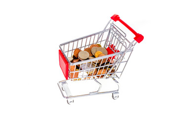 Shopping cart filled with money. Consumerism symbolic conceptual image