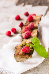 The leaves and berries of raspberry on piece of old wood