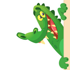 Cartoon crocodile or alligator holding and looking over a blank sign board. Vector illustration