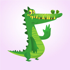 Cute cartoon crocodile or dinosaur. Vector  illustration of a green crocodile waving and presenting. Isolated on white