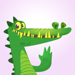 Obraz premium Cute cartoon crocodile or dinosaur. Vector illustration of a green crocodile waving and presenting. Isolated on white