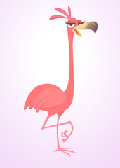 Fototapeta premium Cool carton pink flamingo bird. Vector illustration isolated. Poster design of sticker