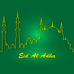 Eid Al Adha. Lettering composition of moslim holy month with mosque building.
