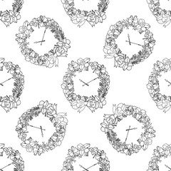 Seamless pattern for print textile design or paper wrapping.Merry Christmas doodles with christmas wreath and wall clock