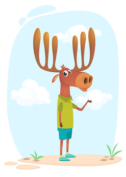 Cartoon funny cool elk moose wearing summer clothers on simple background. Vector illustration for print, sticker, banner