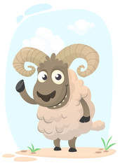 Funny cartoon sheep. Vector illustration of pretty sheep  baby. Isolated on meadow background