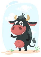 Cartoon cute pretty cow standing and smiling. Vector illustration of a cow icon mascot isolated on white. 