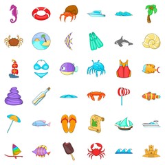 Beach relaxation icons set, cartoon style