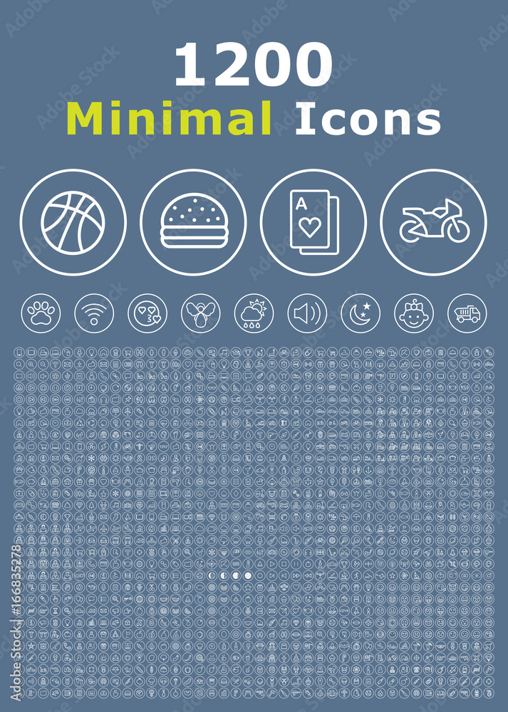 Poster set of 1200 minimal white icons on circular buttons on dark background ( isolated elements )