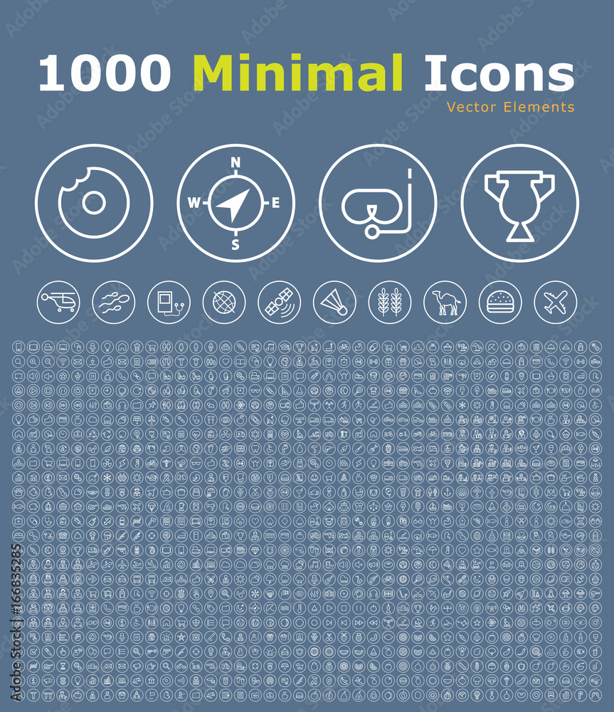 Poster set of 1000 isolated minimal modern simple elegant white icons on circular buttons. vector elements 