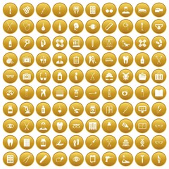 100 medical accessories icons set gold
