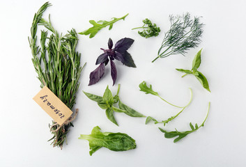 Various fresh herbs on white background