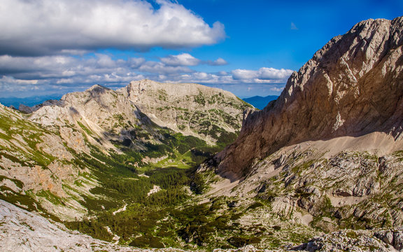 Panoramic view from the mountain hut Planika to the valley Triglav National Park,.Julian Alps, Slovenia.