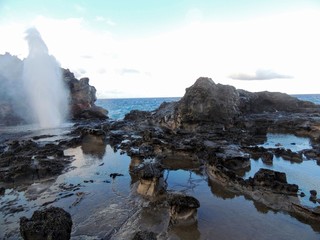 Nakalele Blowhole with water spraying out that was created from Pacific Ocean waves hitting the tall rocky cliff coastline that was created from lava on Maui, Hawaii, USA sky reflecting off the still 