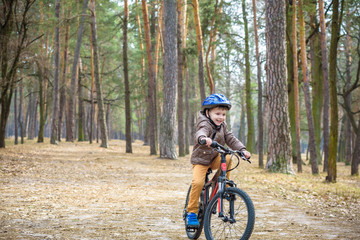 Fototapeta premium Happy kid boy of 3 or 5 years having fun in autumn forest with a bicycle on beautiful fall day. Active child wearing bike helmet. Safety, sports, leisure with kids concept.
