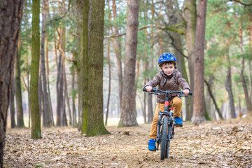 Happy kid boy of 3 or 5 years having fun in autumn forest with a bicycle on beautiful fall day. Active child wearing bike helmet. Safety, sports, leisure with kids concept.