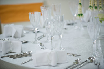 luxury glass of water on food table / dish and spoon
