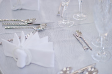 luxury glass of water on food table / dish and spoon