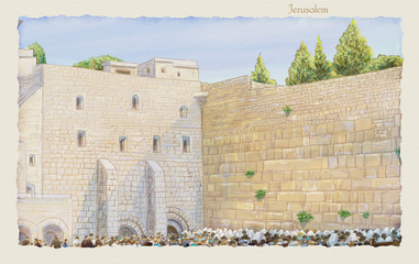 Western Wall Jerusalem, prayer. David's city - old city of Jerusalem. Kotel  Israel. Rosh Ha Shana. Sukkot. Illustration. Hand Drawn. Kotel Watercolor. Slichot. Jewish Holiday Religion Tradition Torah