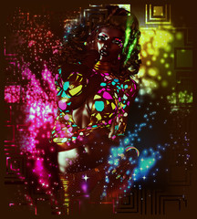 Vintage, retro, disco dancer girl with glitter lights. A Sexy, high energy image for entertainment, clubbing and night life themes. 