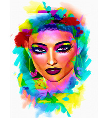Colorful, abstract pop art image of woman's face with flowers in hair.